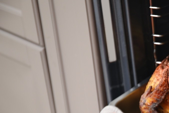 Una mujer saca un sabroso pavo horneado del horno en la cocina. Celebración del Día de Acción de Gracias.