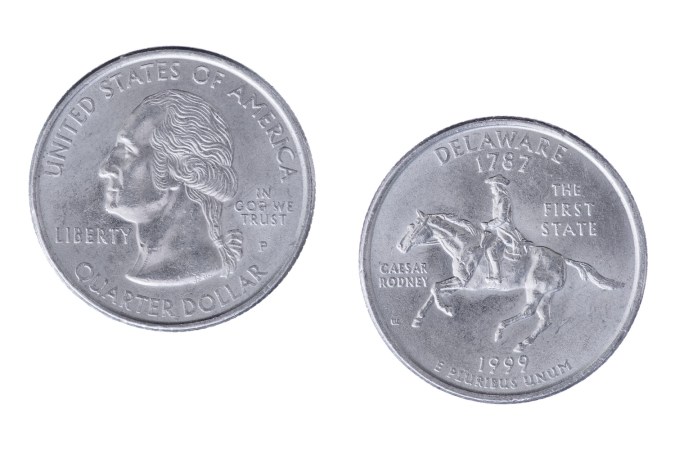 Las monedas de 25 centavos de 1999 de Delaware están compuestas de 75% cobre y 25% níquel.