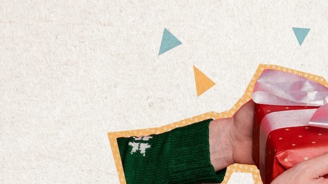 Ilustración de tendencia compuesta, imagen de boceto 3D, collage de fotos de silueta monocromática, mano, muñeca, caja de regalo, presente, felicitación, aniversario.