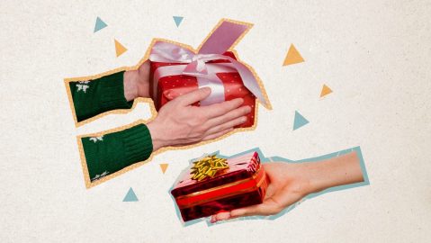 Ilustración de tendencia compuesta, imagen de boceto 3D, collage de fotos de silueta monocromática, mano, muñeca, caja de regalo, presente, felicitación, aniversario.