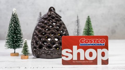 Árboles de navidad miniatura con una tarjeta de Costco al frente.