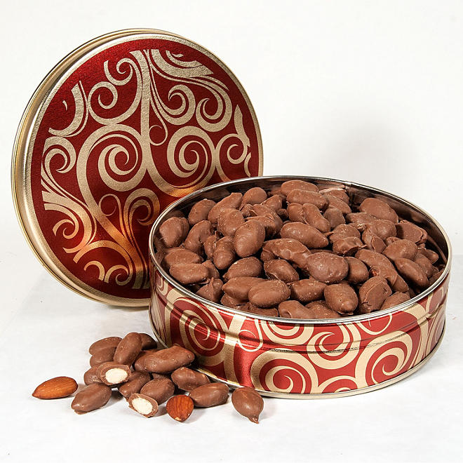 Lata de regalo de almendras cubiertas de chocolate.