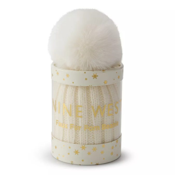 Tubo de regalo de gorro de punto con pompón de piel sintética de Nine West para mujer.