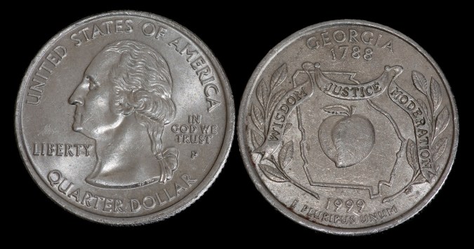 Las monedas de 25 centavos de 1999 de Georgia están compuestas de 75% cobre y 25% níquel.