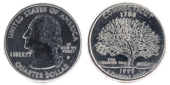 Las monedas de 25 centavos de 1999 de Connecticut están compuestas de 75% cobre y 25% níquel.