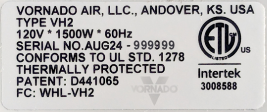 Esta es la etiqueta del calentador Vornado VH2, donde se puede identificar el código de fecha. Foto: CPSC.