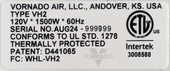 Esta es la etiqueta del calentador Vornado VH2, donde se puede identificar el código de fecha. Foto: CPSC.