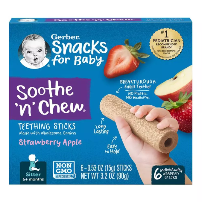 Los Gerber® Soothe N Chew® Teething Sticks (strawberry apple) son uno de los productos que están siendo retirados del mercado.