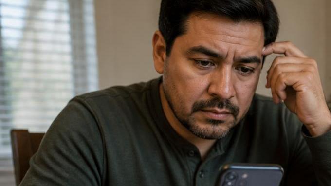 Latino revisando su teléfon y su declaración de impuestos